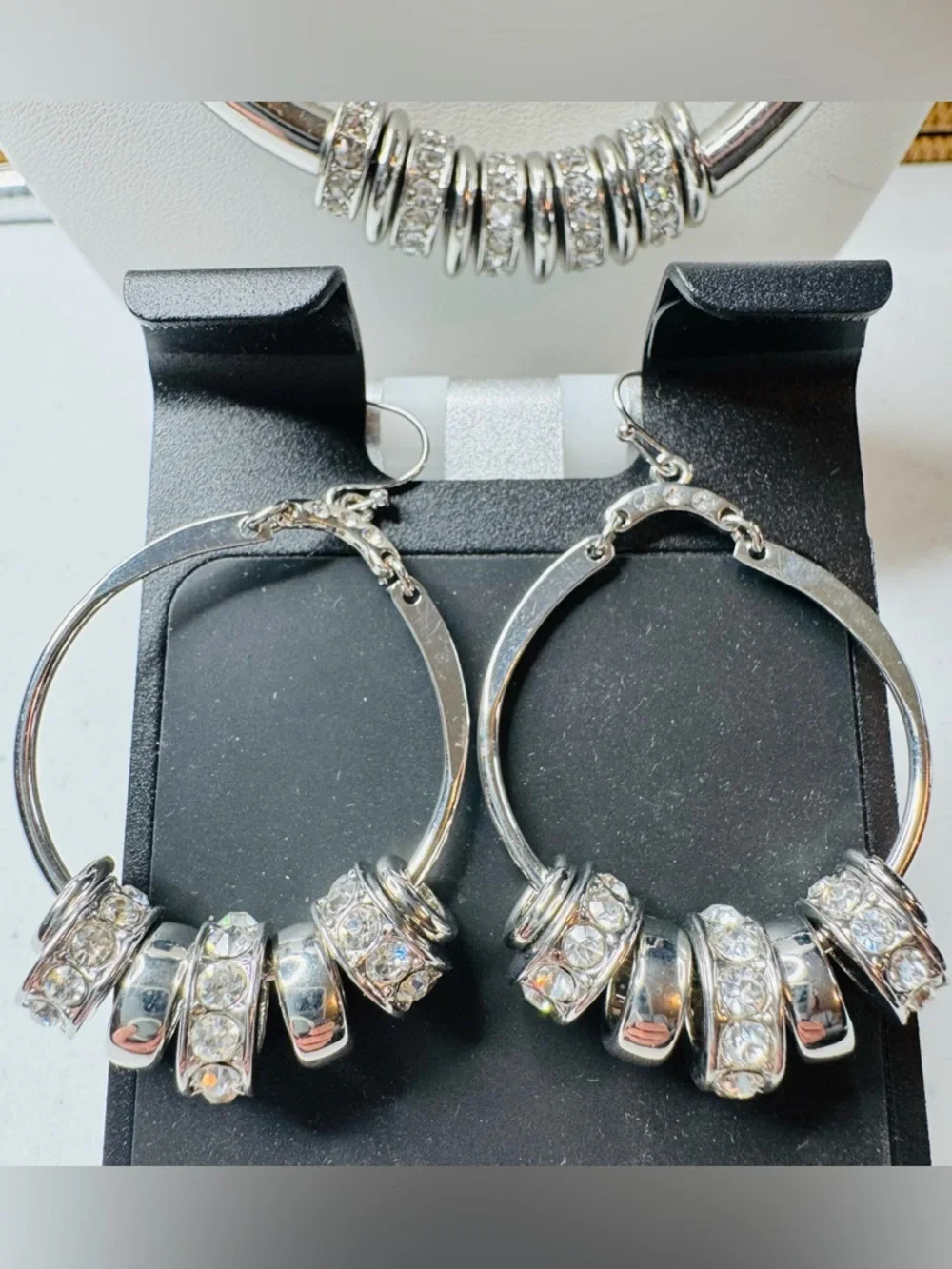 Silver-Tone and Rhinestone Statement Necklace and Hoop Earrings Set